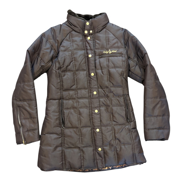 Baby Phat Women Coat Jacket Y2K 90's Brown Puffer Down Faux Fur Jacket Gold Trim - Picture 1 of 9